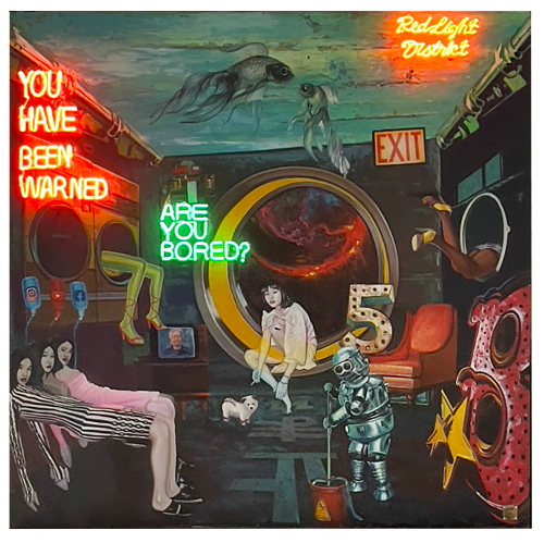 Space Opera C.Brownson, collecture retro futuristic, 150x150 cm Oil painting on recycling steel sheet from Vietnamese buildings constructions sites.